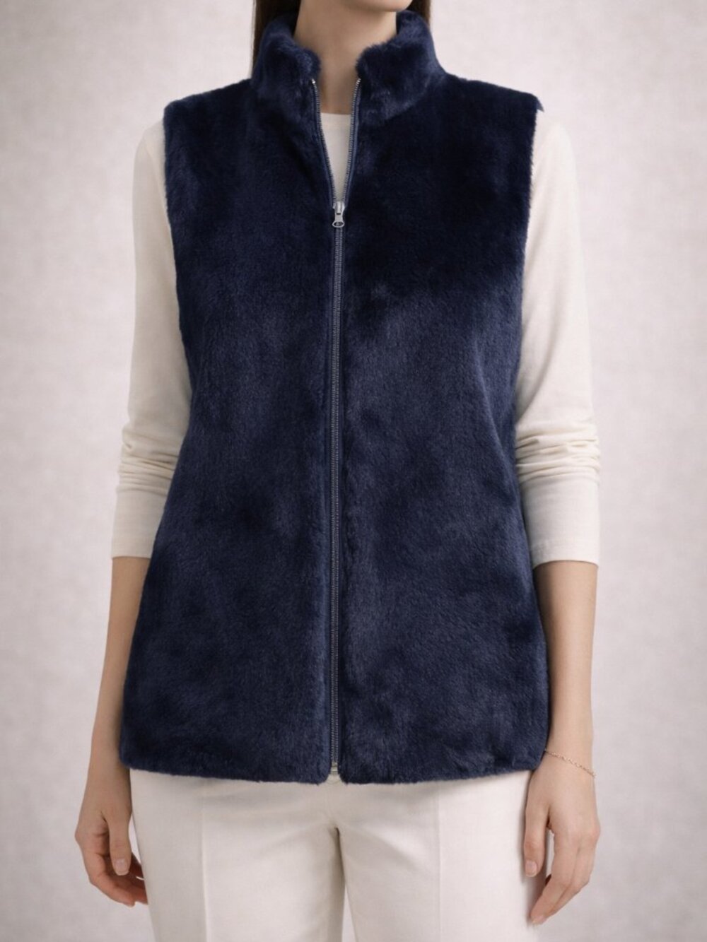 J. Crew Faux Fur Vest Navy Zip Front Sleeveless Jacket XS